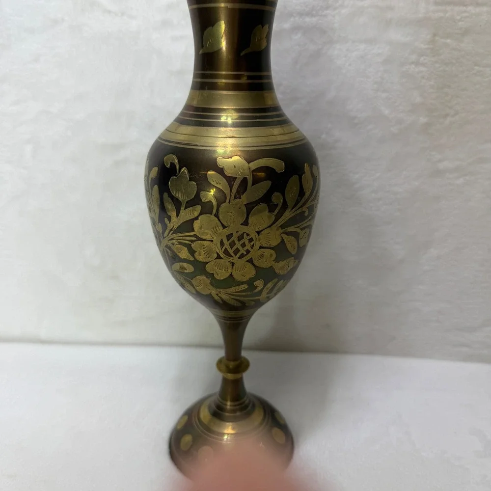 VTG Iridescent Brass Vase Etched Heron Floral Scalloped Rim Pedestal‎ 12 inch